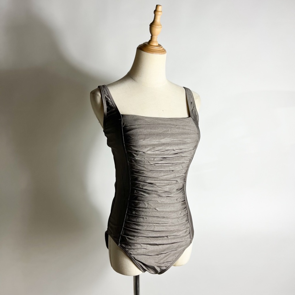 CALVIN KLEIN Metallic Taupe Gathered Square Neck One Piece Swimsuit Size 10